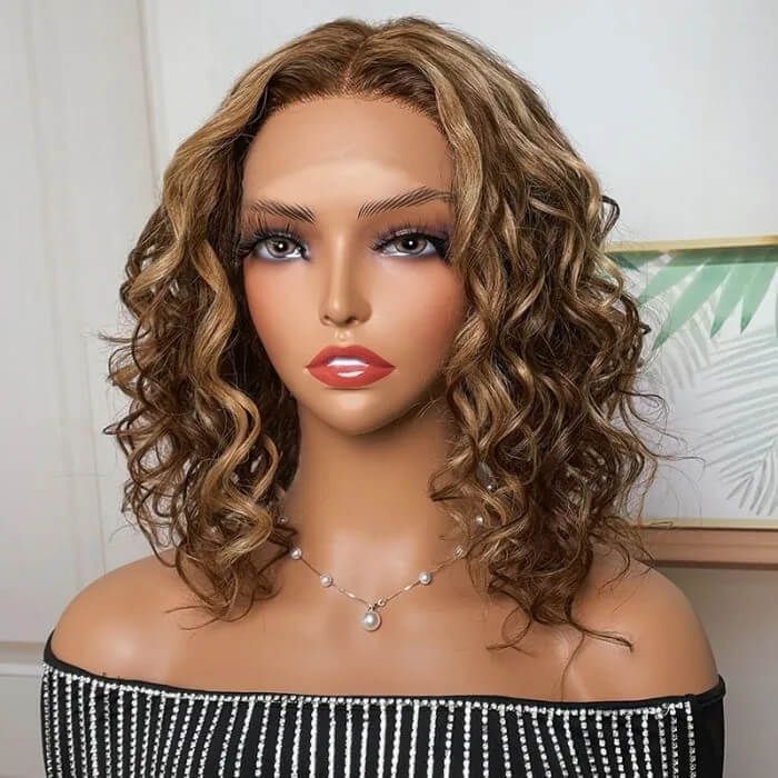 Short Wavy Light Brown Lace Part Wig With Caramel Highlight And Bouncy Curls  | Idefinewig
