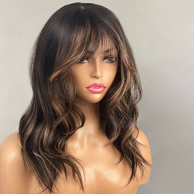 Blonde Highlight Curtain Bangs Wavy Lace Front Wig | Idefinewig
