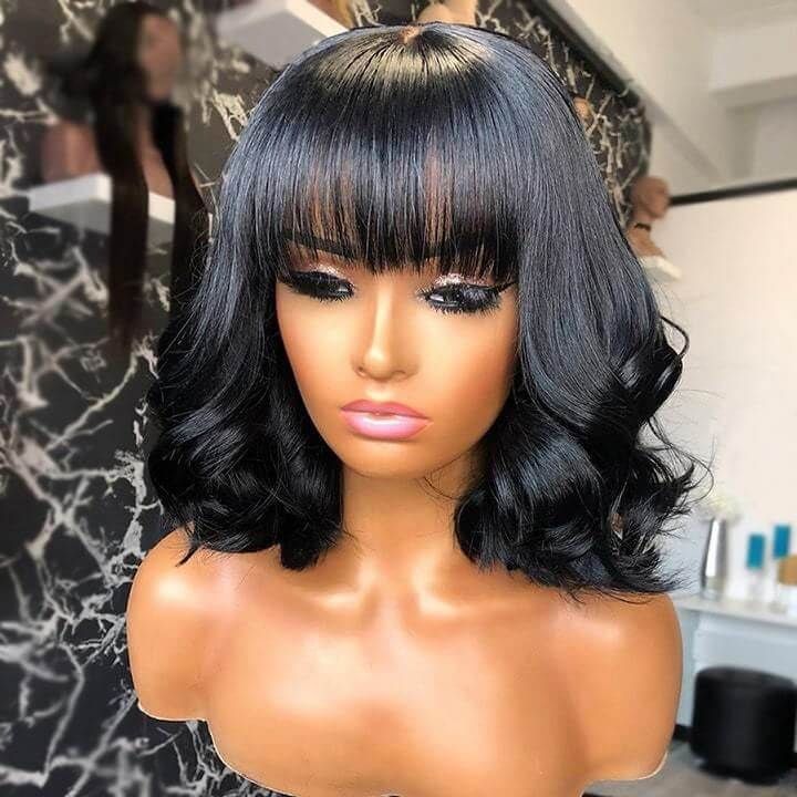 Affordable Brazilian Loose Wave Bob Lace Front Human Hair Wig With Bangs |  Idefinewig