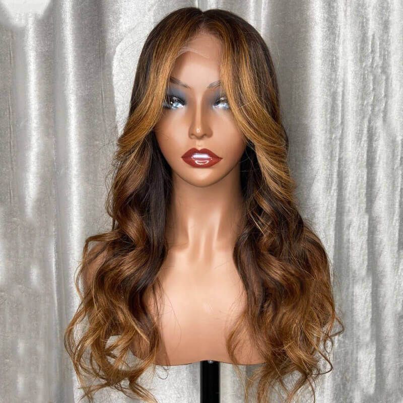 Caramel Brown With Blonde Highlights Wavy Lace Front Wigs | Idefinewig