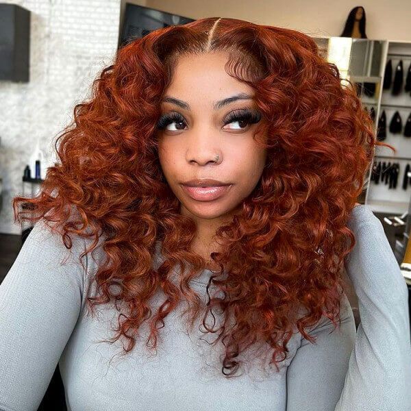 Copper Colored Deep Wave Middle Part Auburn Lace Front Wig | Idefinewig
