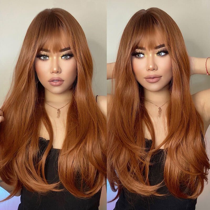 Red Brown Copper Ginger Long Straight With Bangs Wigs For Women | Idefinewig