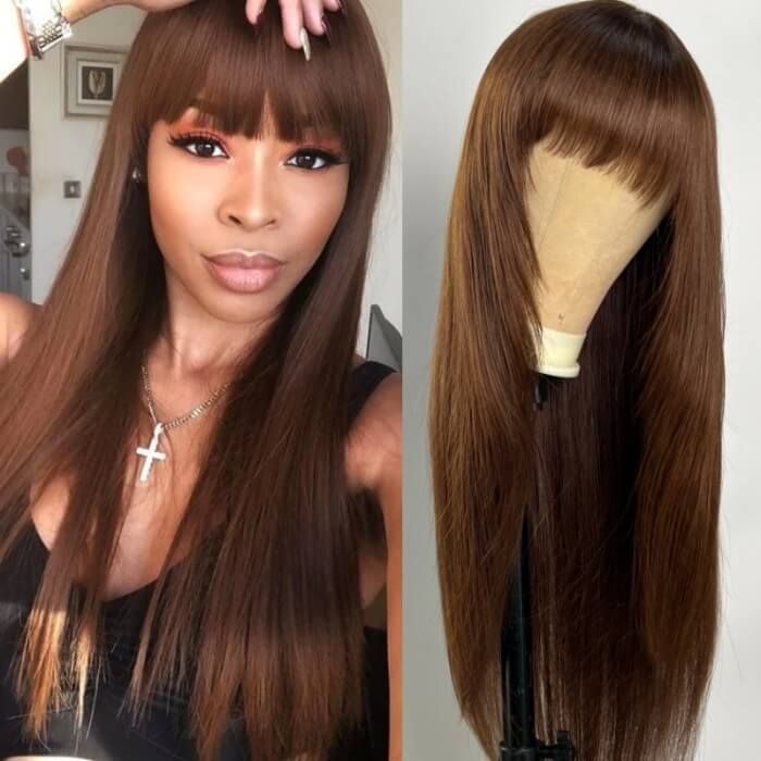 Layer Cut Mocha Brown Straight Wig With Bangs 13x4 Lace Front Wig |  Idefinewig