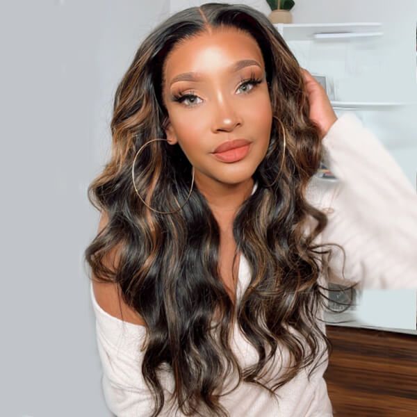 Long Wavy Black Hair With Chunky Honey Brown Highlights Lace Front Wigs |  Idefinewig