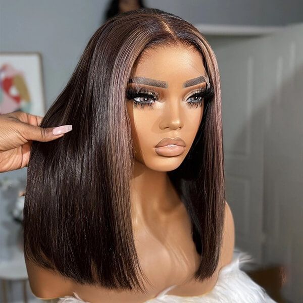 Straight Dark Brown With Rose Gold Highlights Lace Front Wigs | Idefinewig