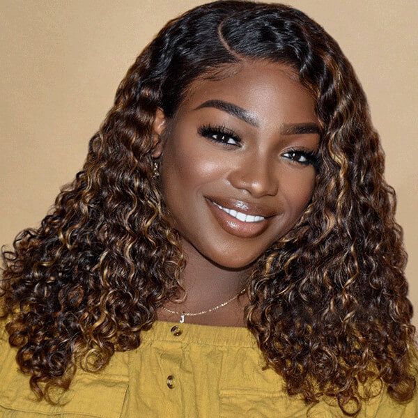 Tight Curly Lace Front Wigs Caramel Brown Highlights Wigs | Idefinewig