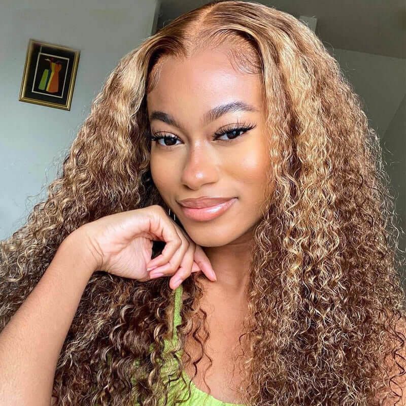 Honey Blonde Wig With Highlights Curly Human Hair Wigs | Idefinewig