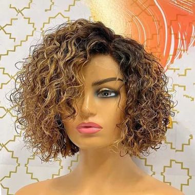  Short Curly Bob Wig Honey Blonde Ombre Lace Front Wig Human Hair