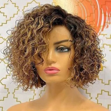 Short Curly Bob Wig  Highlight Honey Blonde Lace Front Wig Human Hair