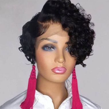 Glueless Pixie Cut Short Curly Bob Wig Human Hair Lace Front Wigs #1B