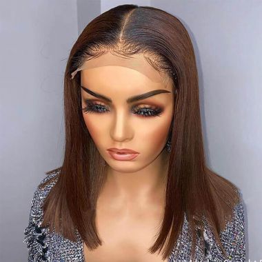 Chestnut Brown Human Hair Wigs Ombre Color Short Bob Straight Hair Lace Closure Wigs 