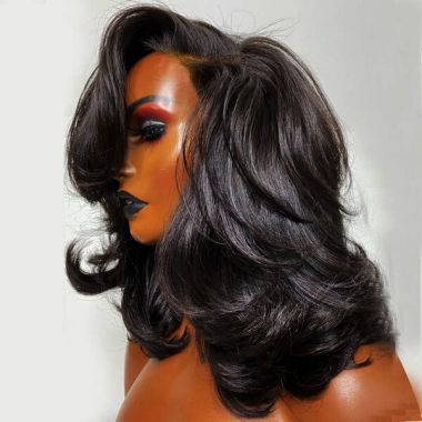 Layered Bob Short Wavy Hair 5X5 Lace Closure Wig 180% Density #1B