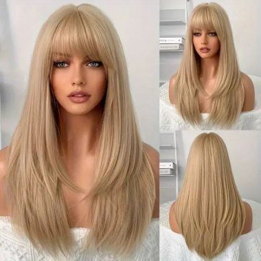 Layered Cut Straight Hair Blonde Wig Lace Front Wig with Bangs