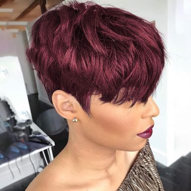 Pixie Cut Human Hair Wigs with Bangs Burgundy Color Wigs