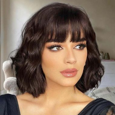Glueless Short Brown Wave Bob With Bangs Lace Front Wig Human Hair