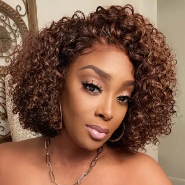 Glueless Bob Wigs Highlight Chocolate Brown Curly 13x4 Frontal Lace Wig Human Hair High Density