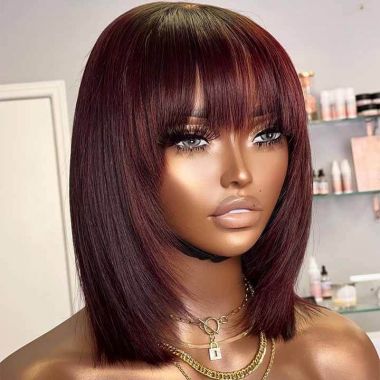 Burgundy Straight 13x4 Lace Front Bob Layer Cut With Bangs 