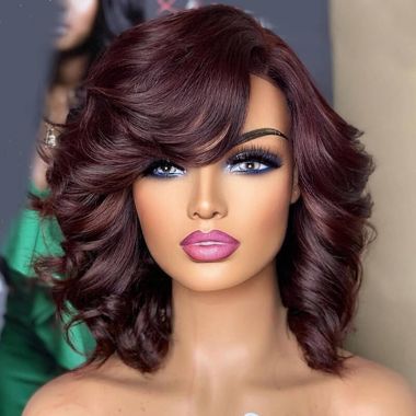 Burgundy Wave Side Part 13x4 Lace Front Bob Wigs With Bangs