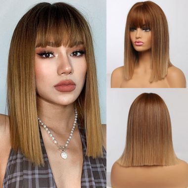 Ombre Brown Golden Short Straight Hair Bob Wigs with Bangs Wigs