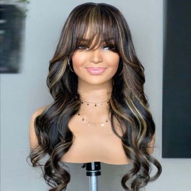 Highlight Human Hair With Bangs Brazilian Wave Lace Front Wigs