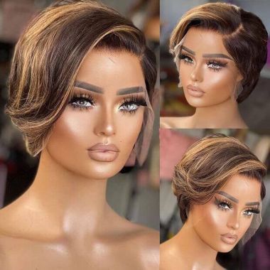 Highlight Straight Human Hair Pixie Cut Wig Lace Front Bob Wig