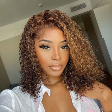 Mix Color Brown Curly Bob Wig 13X4 Frontal Lace Wig 