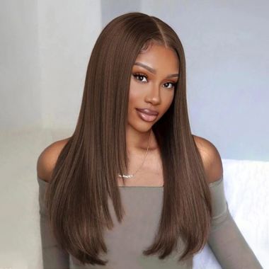 Layered Cut Straight Brown Human Hair Wigs 13X4 Lace Front Wig