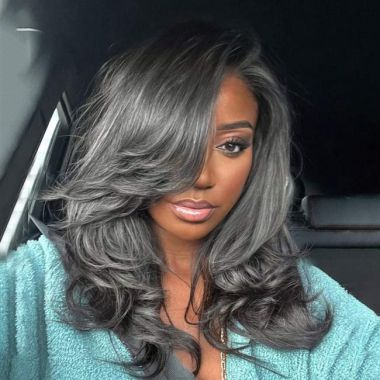 Layered Cut Salt and Pepper Grey Wavy Human Hair Lace Front Wig