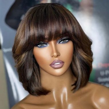 Human Hair Brown Highlight Bob With Bangs Lace Front Wig