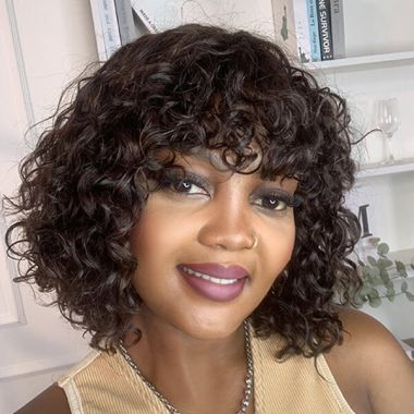 Dark Brown Messy Curly Human Hair Lace Front Wig With Bangs