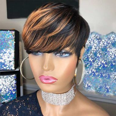 Black with Brown Layered Bangs Wig Pixie Wigs for Black Women