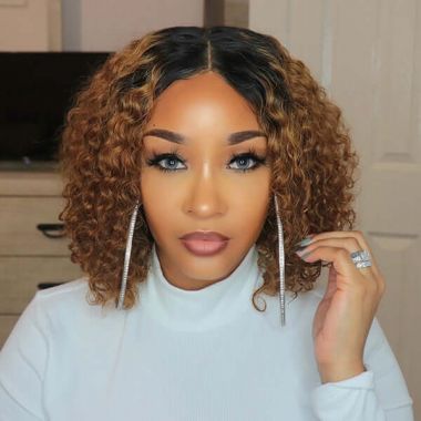 Honey Brown Curly Bob Wig Ombre 4x4 Lace Closure Wig 