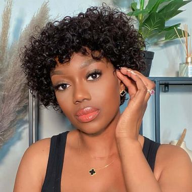 Throw On & Go Affordable Glueless Bouncy Curly Wig with Short Bangs 100% Human Hair