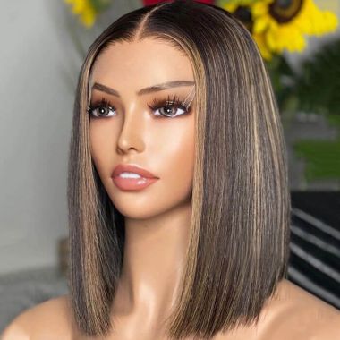Short Middle Part Bob Dark Blonde Highlights Lace Front Wigs