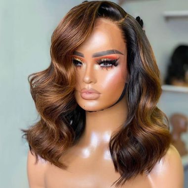 Shoulder Length Wavy Bob Brown with Dark Roots Lace Closure Wigs