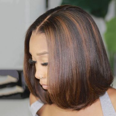 Human Hair Blunt Cut Bob With Brown Highlight Lace Front Wig 