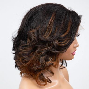 Malaysian Brown Highlight Short Wavy Glueless Lace Front Wig