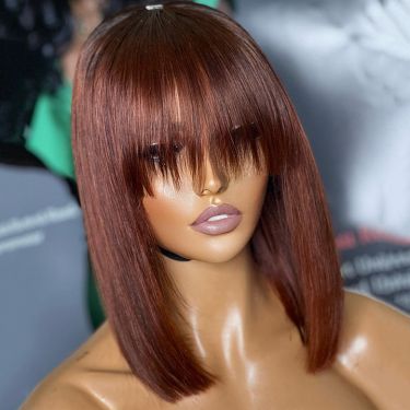 Reddish Brown Straight Short 13x4 Lace Front Bob Wig With Bangs