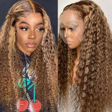Honey Blonde Highlight Lace Frontal Wig Pre Plucked Curly Human Hair Wigs