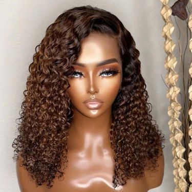 Deep Curly Glueless Wig Brown Ombre Human Hair 13X4 Lace Front Wig