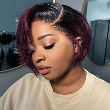 Large Cap Wigs Short Layered Bob Pixie Cut 13x4 Lace Front Wig Burgundy Ombre Human Hair