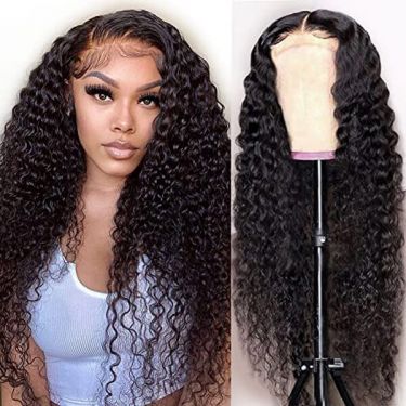 Deep Curly 5X5 Lace Closure Wigs Natural Black 150% Density