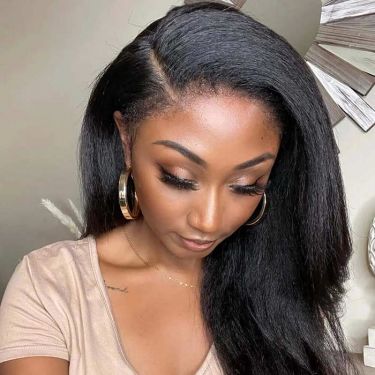 Glueless Yaki Straight Kinky Edges 13X6 Lace Front Wigs Free Parting Human Hair