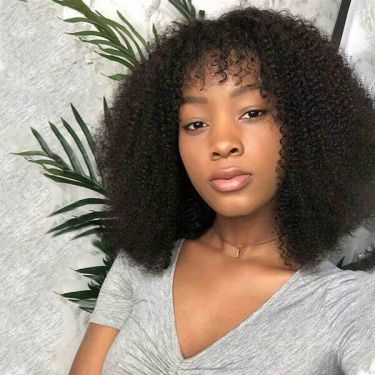 Deep Curly Wigs with Bangs Glueless Natural Black 150% Density