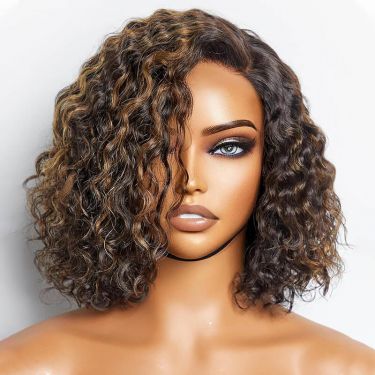 Short Curly Glueless Wigs Deep Wave Highlights Human Hair Bob Wig Lace Front Wig
