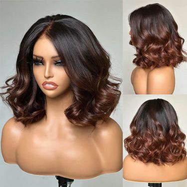Ombre Brown Loose Wave Short Bob Wigs Human Hair 13X4 Lace Front Wig