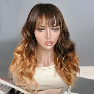 Loose Wavy with Wispy Bangs Brown Balayage Lace Front Wigs Human Hair