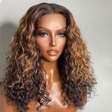 Deep Wave Brown with Honey Blonde Glueless Wig Highlight Human Hair 5X5 Closure Lace Wig