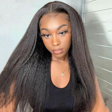 Kinky Straight Glueless Frontal Lace Wig Natural Density Human Hair