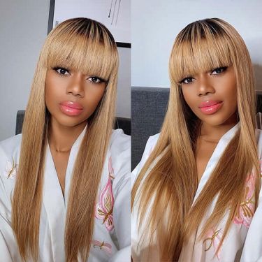 Honey Brown Ombre Bangs Glueless 4x4 Lace Closure Wig 